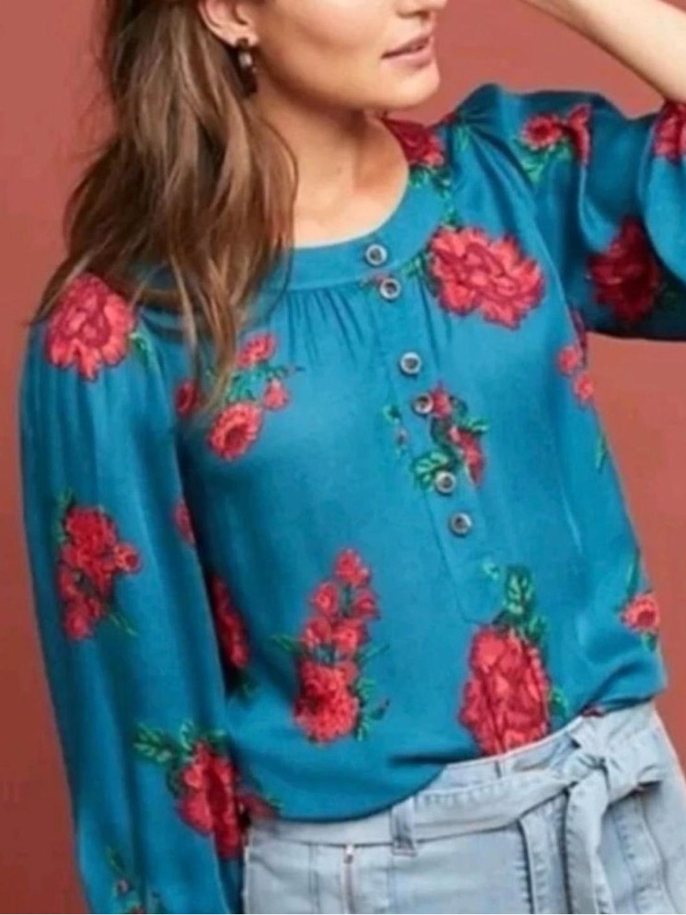 Maeve Anthropologie Kalas Henley Blouse blue red Floral 25627 - Picture 2 of 11